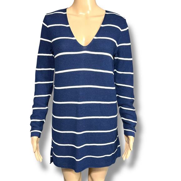 Old Navy Womens Tunic Sweater Knit V Neck Long Sleeves Pullover Striped Medium - Picture 1 of 7